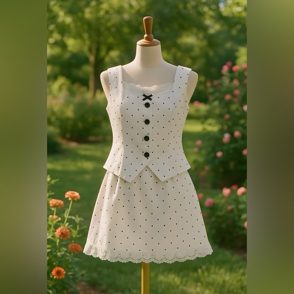 Elegant White Polka Dot two pc set- Missing label - Picture 1 of 2